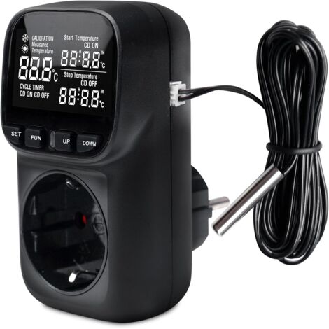 Digitaler Temperaturregler mit Thermostatfühler, Steckdisplay, digitaler Temperaturregelung, Steckdose, für Gewächshäuser, für den Innenbereich, Schwarzweißbildschirm