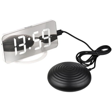 Digitaler Vibrationswecker mit Spiegel, großem, hellem Display, zwei USB-Anschlüssen und Schlummerfunktion für Tiefschläfer [Spiegelwecker/ABS/Weiß/Größe: 15,8 x 7,8 cm]