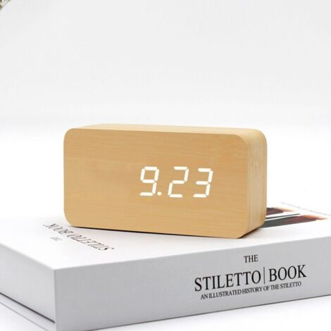 Digitaler Wecker aus Holz, einstellbare Helligkeit, Sprachsteuerung, LED-Uhr, rechteckige Anzeige, Zeit, Temperatur, Heimdekoration