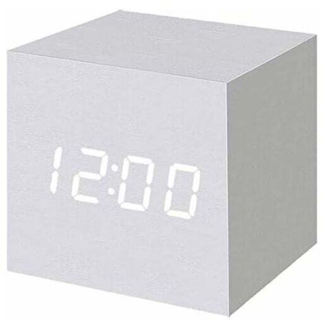 Digitaler Wecker aus Holz mit LED-Beleuchtung, digitaler Würfelwecker mit Datums- und Temperaturanzeige, USB-/Batterieanschluss (Weiß)