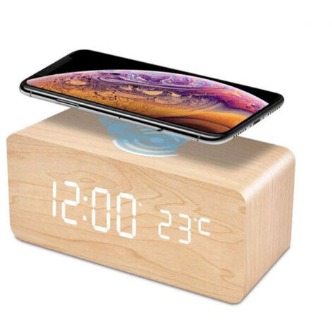 Digitaler Wecker, kabellos, wiederaufladbar, Holzuhr, LED-Wecker mit Temperatur-Schlummerfunktion für Kinder, Zuhause, Bambusholzfarbe