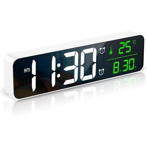 Digitaler Wecker, LED-Nachttischuhr [10 Zoll großes LED-Display], elektrische Spiegel-Tischuhren mit Datums-, Uhrzeit-, Temperaturanzeige, Schlummerfunktion, 6 Helligkeitsstufen, 4 Lautstärken – Weiß