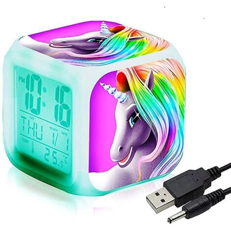 Digitaler Wecker mit Einhornmotiv für Mädchen, helles LED-Nachtlicht, LCD-Würfel, leicht, ideal als Weckhilfe für Kinder – Neujahrsgeschenk