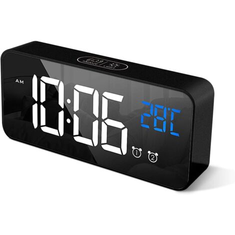 Digitaler Wecker mit großer LED-Temperaturanzeige, tragbarer Spiegelalarm mit zwei Alarmen, Schlummerzeit, 4 Stufen, einstellbare Helligkeit, Dimmer, 13 Musikrichtungen