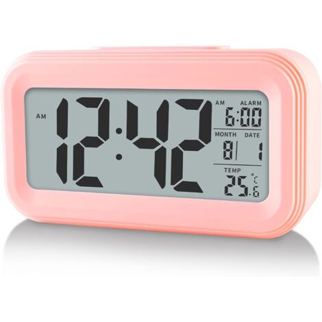 Digitaler Wecker mit Raumtemperatur, batteriebetrieben, Schlummermodus (Pink)