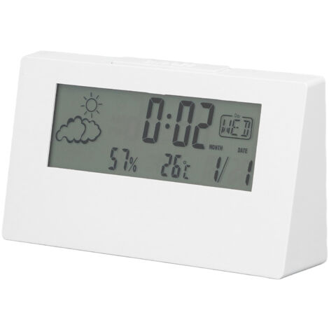 Digitaler Wecker mit Schlummerfunktion, LCD-Anzeige für Uhrzeit/Datum/Temperatur/Luftfeuchtigkeit, weißer, leuchtender Nachttischwecker