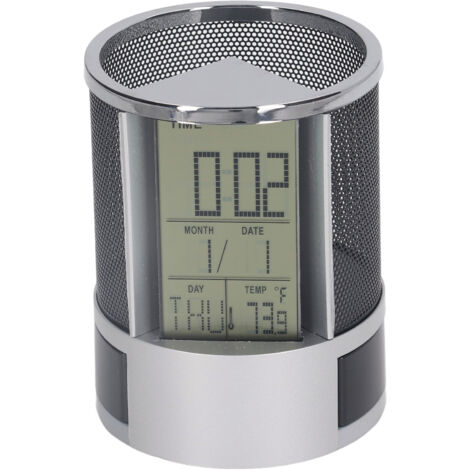 Digitaler Wecker mit Stifthalter, ewigem Kalender, multifunktionaler elektronischer Wecker, Schwarz