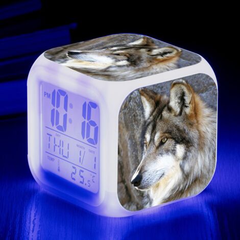 Digitaler Wecker mit Wolfsmotiv (A), Wecker mit bunten Lichtern S