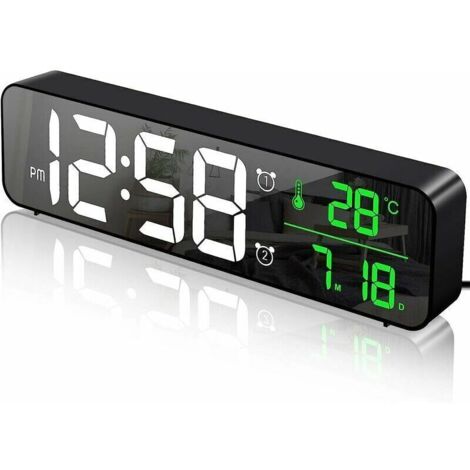 Digitaler Wecker, Wanduhr, LED-Digitalwecker mit großem Display, Temperatur- und Datumsanzeige, 2 Weckzeiten, 40 Musikoptionen, 6 Helligkeitsstufen, USB-Anschluss, Schwarz
