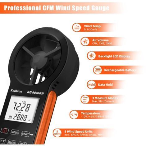 Digitales Anemometer, Anemometer mit Temperaturmessung, Windgeschwindigkeitsmessung 0,330 m/s, Luftdurchsatzmessung 0,999900 ft³/min, Max/Min/Echtzeit-Anzeige für Heizung, Lüftung und Klimaanlage, Hau