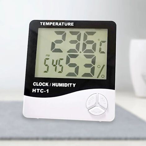 Digitales Heimthermometer mit Hygrometer und Wecker – Hohe Genauigkeit, Doppelfunktion (Temperatur-/Feuchtigkeitsanzeige), Weißes ABS-Gehäuse, Abmessungen 9,5 x 9 x 2,5 cm – 2 AAA-Batterien