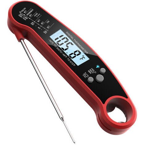 Digitales Küchenthermometer, Fleischthermometer mit Sofortanzeige, langer Sonde, großem LCD-Bildschirm, Ofenthermometer mit Doppelmagnet für Fleisch, Gebäck, Grillen usw. (rot)