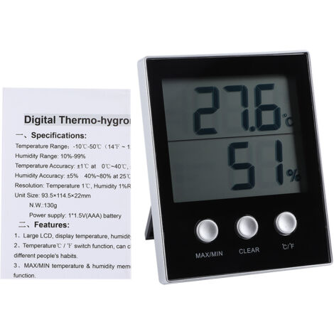 Digitales LCD-Thermometer-Hygrometer mit großem Display und neigbarem Ständer – schwarzes ABS, 11,5 x 9,4 cm – Max/Min-Speicher für Temperatur und Luftfeuchtigkeit (–10/+50 °C, 0–99 % rF)