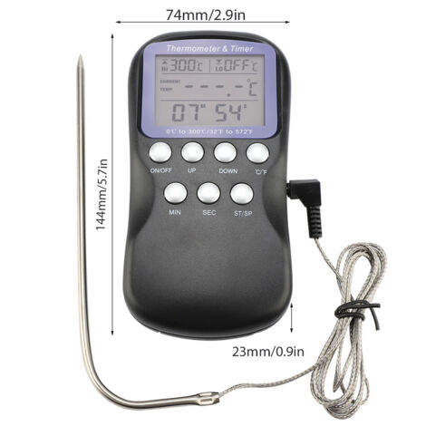 Digitales Lebensmittelthermometer für Grillgeräte, Rindfleischgrills und Backöfen mit Alarm, Timer, ABS-LCD-Bildschirm, großem Edelstahlgehäuse und geflochtenem Kabel
