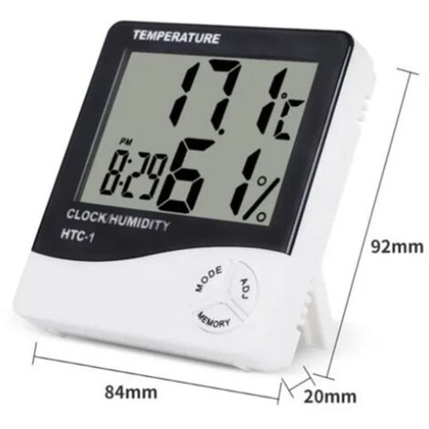 Digitales Mini-Thermometer mit Hygrometer, Uhr und Wecker – Kunststoff – Abmessungen: 9,2 x 8,4 x 2 cm – Großes LCD-Display – 120 g
