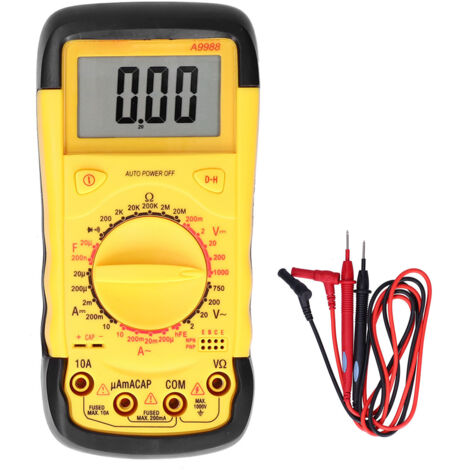 Digitales Multimeter A9988 mit Überlastschutz, Strom- und Kapazitätsmessung sowie automatischer Abschaltung.