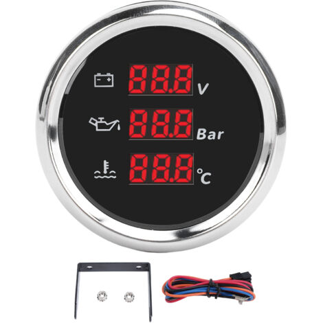Digitales Temperatur-, Öldruck- und Voltmeter, leicht ablesbar, 9 bis 32 VDC digitale Spannung, Öldruck, Temperatur, Wassertemperatur für LKW (schwarzes Zifferblatt, silberne Lünette).