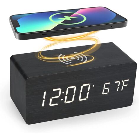 Digitales Thermometer, digitaler Wecker, LED-Wecker aus Holz mit kabelloser Ladefunktion, Wecker aus Holz mit Induktionsladegerät, kabelloses Ladegerät
