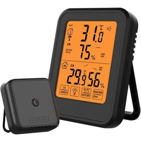 Digitales Thermometer-Hygrometer, Innen- und Außenthermometer-Hygrometer mit drahtlosem Außensensor, LCD-Hintergrundbeleuchtung (℃/℉), für Büro, Zuhause, Schlafzimmer – Schwarz