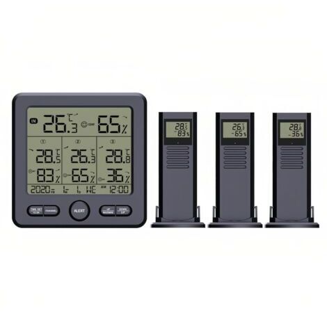 Digitales Thermometer-Hygrometer mit 3 drahtlosen Sensoren, LCD-Hintergrundbeleuchtung, Temperatur-, Feuchtigkeits-, Wetterstations-, Zeit- und Datumsanzeige sowie Überschreitungsalarm für den Innen-