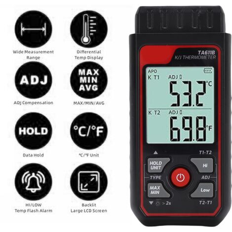 Digitales Zweikanal-Thermoelement-Thermometer mit K/J-Typ, hintergrundbeleuchtetem LCD-Display, Alarmfunktion und einstellbarer Kompensation