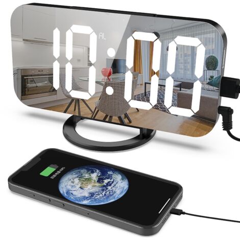 Digitaluhr mit großem Display, LED-Wecker, Spiegeloberfläche zum Schminken mit Intensitätsmodus, 3 Helligkeitsstufen, zwei USB-Anschlüsse, dekorativ