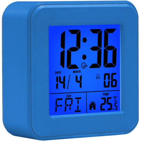 Digitalwecker mit manueller Zeiteinstellung, Präzise Zeitanzeige, Temperatur- und Datumsanzeige, Starker Alarm und Snooze für Schlafzimmer und Büro, Blau
