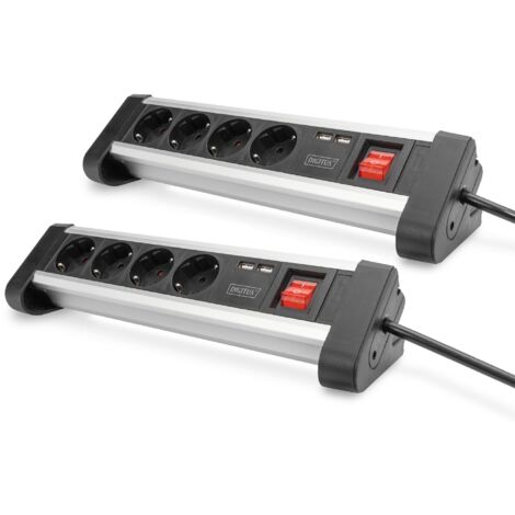 DIGITUS DA-70614 - Presa multipla con USB - 2 pezzi - 2x porta USB (USB-A) - 4x presa con contatto di terra - Con interruttore - Caricatore USB - Per montaggio a parete e da tavolo, Nero