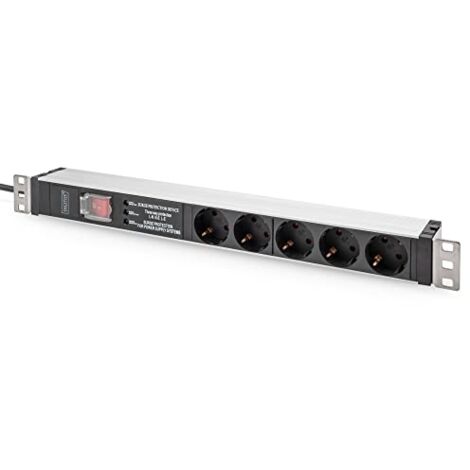 DIGITUS PDU EN ALUMINIUM 1U, MONTAGE EN RACK, 5 CONTACTS DE PROTECTION 16 A, 230 V, 50/60 HZ, SURTENSION, FILTRE NET, COMMUTATEU