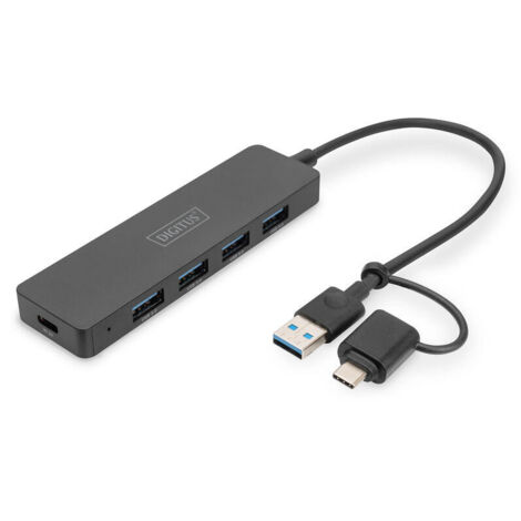 DIGITUS USB 3.0 Hub 4-Port+USB-C Adapter, SlimLine 0,2m Cable