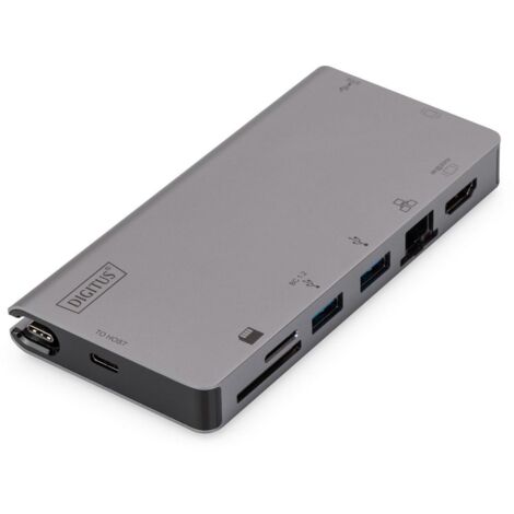 Digitus USB-C Multiport Travel Dock, 8 Ports, grau: 2x Video, 2x USB C, 2x USB 3.0, RJ45, 2x Kartenleser, DA-70877