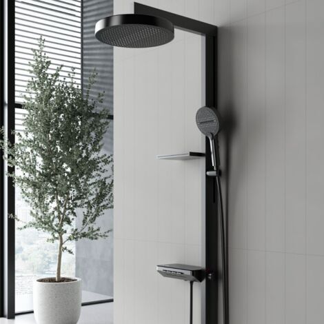 Colonne de douche thermostatique gris métallisé – Pomme de douche large effet pluie – Douchette à main flexible – Plateau de rangement intégré
