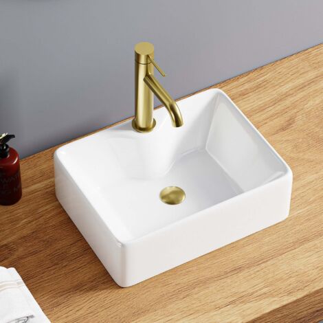 Vasque à poser rectangulaire en céramique blanche 40 × 30 cm – Angles arrondis pour installation mitigeur – Salle de bain moderne