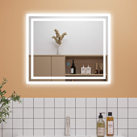 Dimmable 3 Colour Bathroom Mirror with Lights, Memory Function Anti Fog Touch Sensor Wall Mounted LED Bathroom Mirrors - 600x500mm