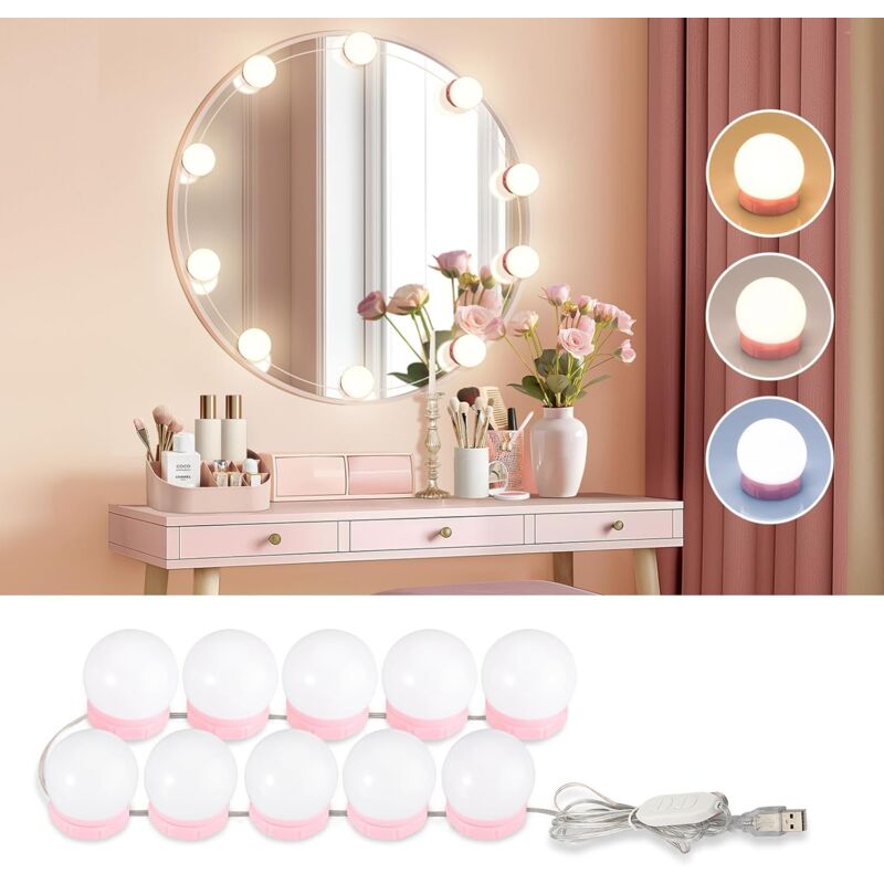Dimmable Lumière de Miroir, 10 Ampoules Style Hollywoodien de Lumière LED, 3 Couleurs Lampes de Maquillage et Luminosité Réglable, Dimmable Lampe