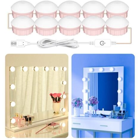 Dimmable Lumière de Miroir, 10 Ampoules Style Hollywoodien de Lumière LED, 3 Couleurs Lampes de Maquillage et Luminosité Réglable, Dimmable Lampe pour Miroir de Maquillage Coiffeuse (Rose)