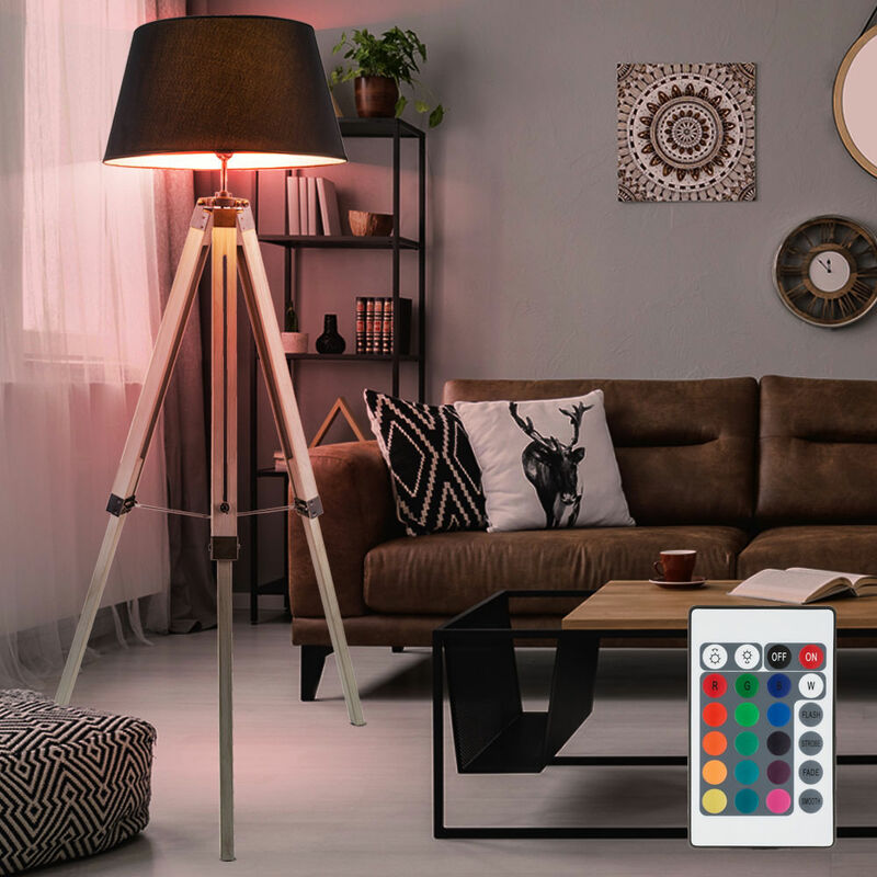 Image of Lampada da terra dimmerabile con telecomando lampada in legno Lampada da terra a led per soggiorno, treppiede in legno cambia colore rgb, 8,5W 806lm