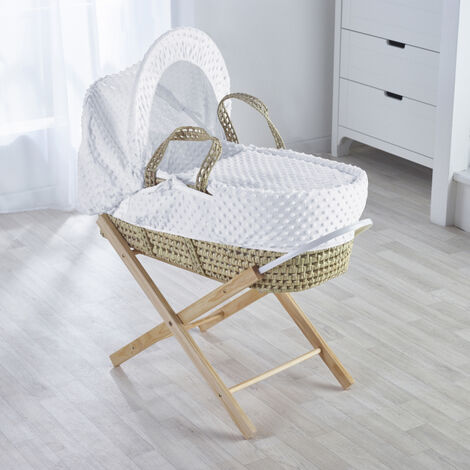 Dimple Palm Moses Basket with Folding Stand Natural, Quilt, Padded Liner, Body Surround & Adjustable Hood - White - White