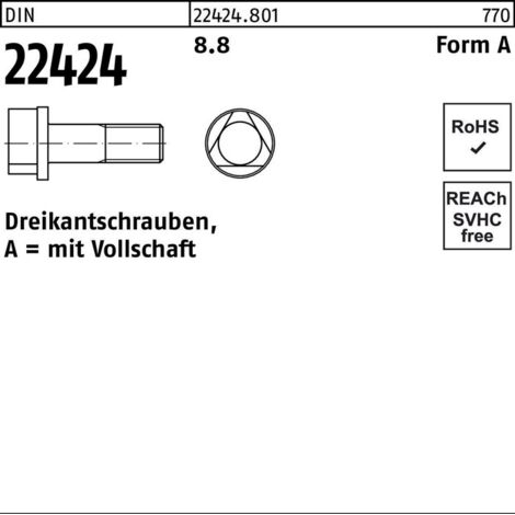 DIN 22424 Form A Dreikantschraube M8x25 Stahl 8.8 blank Dreikant 100 Stk