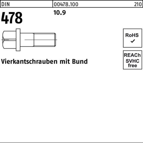 DIN 478 Vierkant-Schaftschraube M8x30 Stahl 10.9 blank Außenvierkant m. Bund 50 Stk