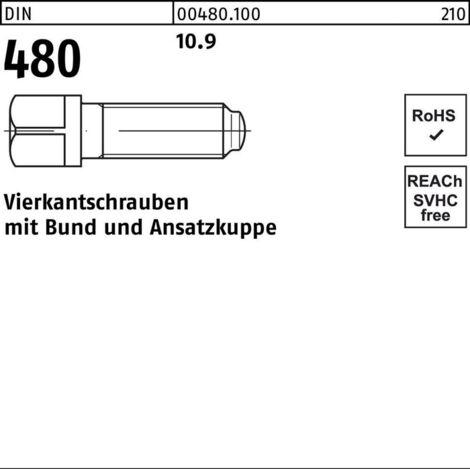 DIN 480 Vierkantschraube VG M16x80 Stahl 10.9 blank Außenvierkant m. Bund u. Ansatzkuppe 10 Stk