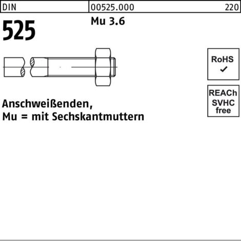 DIN 525 Anschweißende M24x230 Stahl 3.6 blank m. Mutter 10 Stk