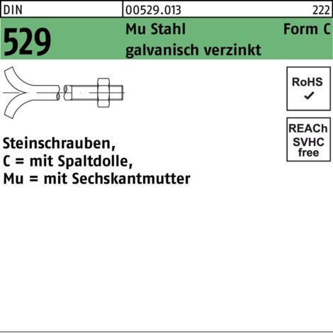 DIN 529 Form C Steinschraube M16x160 Stahl 3.6 galvanisch verzinkt m. Spaltdolle u. Mutter 25 Stk