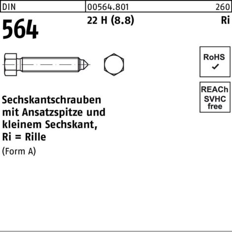DIN 564 Form A Sechskantschraube VG M16x80 Stahl 8.8 blank m. Ansatzspitze 10 Stk