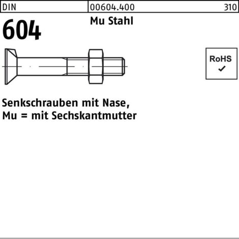 DIN 604 Senkkopfschraube M8x30 Stahl 4.6 blank m. Nase u. Mutter 200 Stk