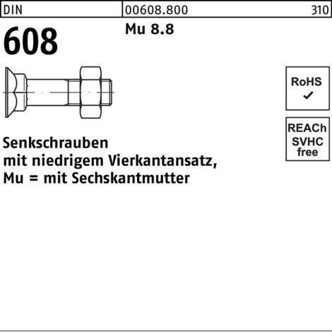 DIN 608 Senkkopfschraube M16x50 Stahl 8.8 blank m. Nase u. Mutter 50 Stk