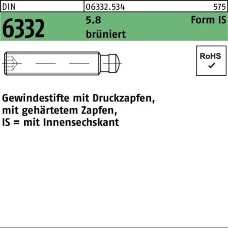 DIN 6332 Form IS Gewindestift VG M8x50 Stahl 5.8 brüniert Innensechskant m. Druckzapfen 10 Stk