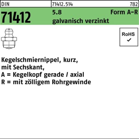 DIN 71412 Kegelschmiernippel 5.8 R 1/4 SW 14 galv. verzinkt Sechskant 50 Stk