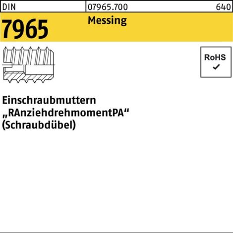 DIN 7965 Einschraubmuttern Messing M 5 x 12 Außendurchme 100 Stk