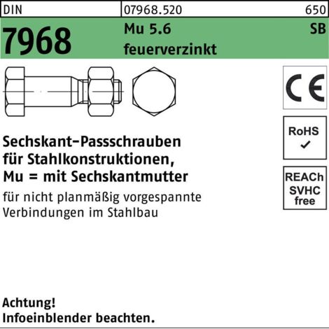 DIN 7968 Sechskant-Passschraube M16x65 Stahl 5.6 feuerverzinkt m. Mutter 25 Stk